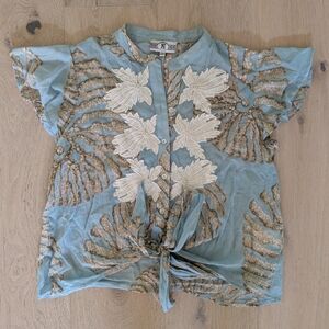 NJ Couture Paris Top Women Size Small Medium Light Blue Cream Floral Beach